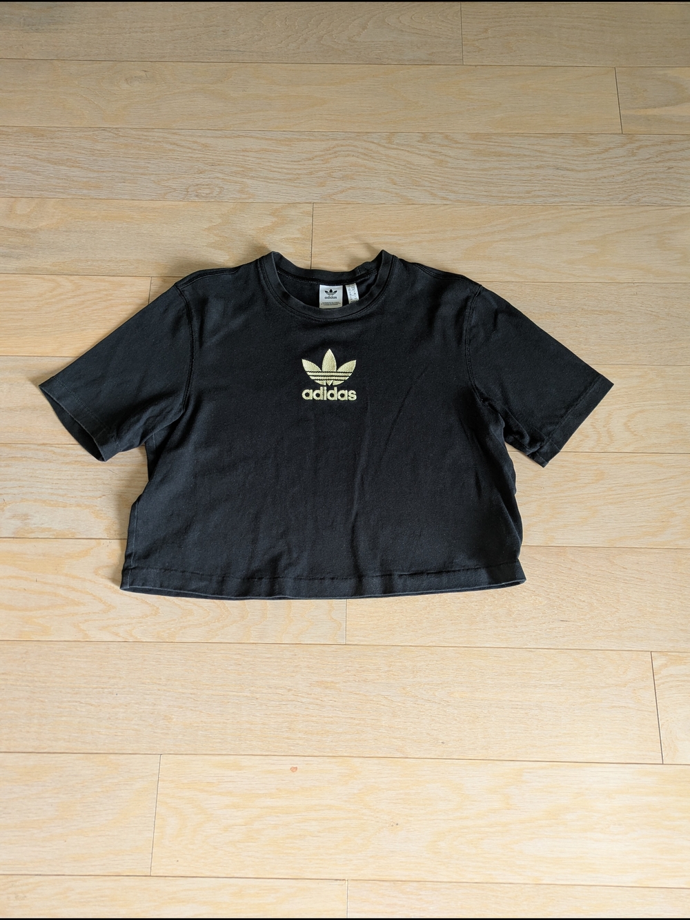 adidas 100% Cotton Black Cropped Tee with Cream Trefoil Logo